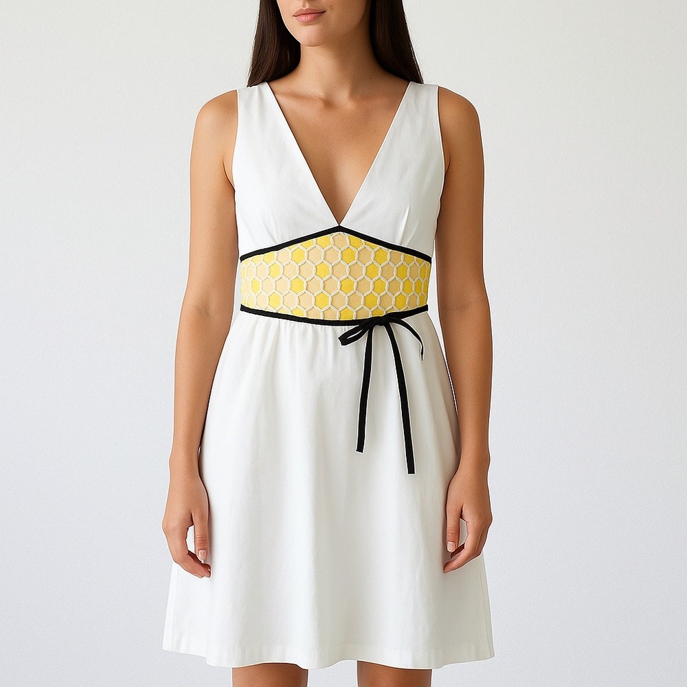 ENVY VTG White Dress with Yellow Floral Honeycomb Waist & Bow Detail Size S